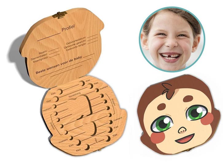 Tandendoosje met naam - Aapje - Hout, Kinderen en Baby's, Overige Kinderen en Baby's, Nieuw, Verzenden