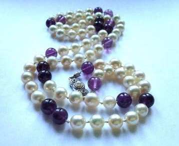 Akoya-parels - natuurlijke diamanten - amethist - 73 cm lang