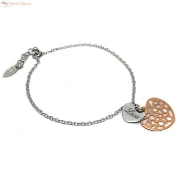 Zilveren rosé plated love hartje armbandje, Verzenden, Nieuw, Zilver