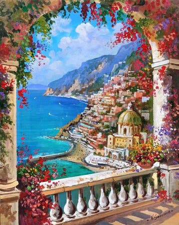Vincenzo Somma (1955) - Terrace on the sea of Positano, Antiek en Kunst