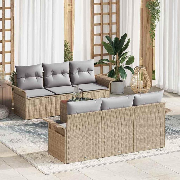 vidaXL Tuinbankenset met kussen 7 pcs Beige poly rattan, Tuin en Terras, Tuinsets en Loungesets, Nieuw, 7 zitplaatsen, Rotan, Verzenden