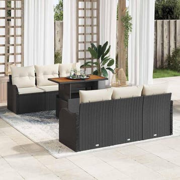 vidaXL Tuinbankenset met kussen 7 pcs Zwart en Crème poly, Verzenden, Nieuw, Rotan, 7 zitplaatsen