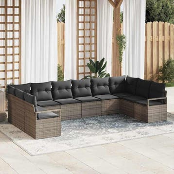 vidaXL Bankstel met kussen 10 pcs Grijs poly rattan, Verzenden, Nieuw, Rotan, Meer dan 8 zitplaatsen