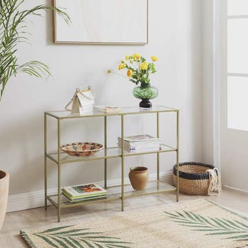 Stijlvolle Console Tafel met 3 Glazen Planken - Goudkleurig, Verzenden, Nieuw