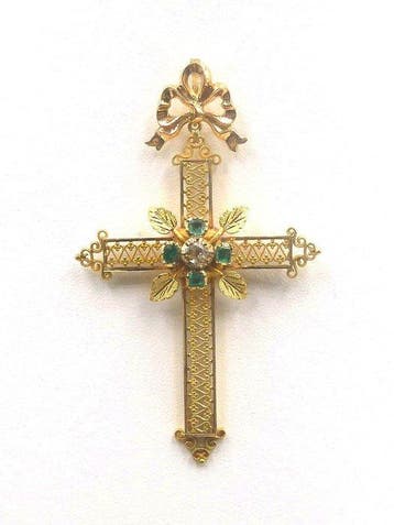 Hanger - 18 karaat Geel goud Diamant (Natuurlijk) - Smaragd