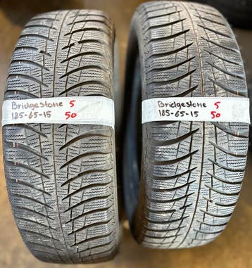 2x185-65-15 Bridgestone winter 5mm €50 per band 185 65 15, Ophalen, Gebruikt, 15 inch, 185 mm