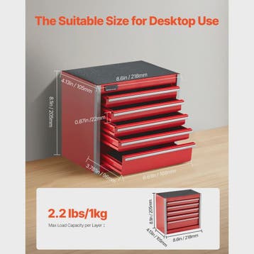 Compacte Metalen Gereedschapskist met 5 Lades - Rood/Zwart -, Verzenden, Nieuw