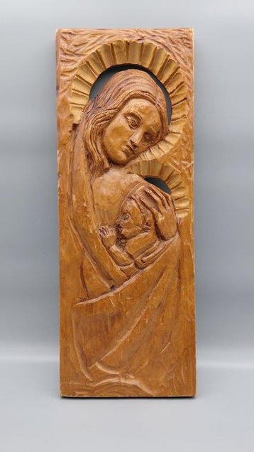 Wandbord - Maria met het Christuskind - Hout - Handgesneden, Antiek en Kunst, Antiek | Boeken en Bijbels