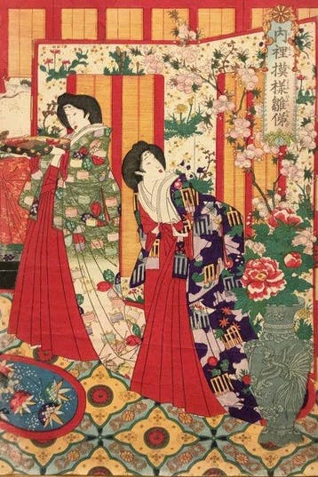 Antieke Japanse houtblok prent met afbeelding van vrouwen in