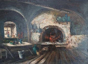 W. Jäger (XX) - Alte Bauernküche in Oberbayern