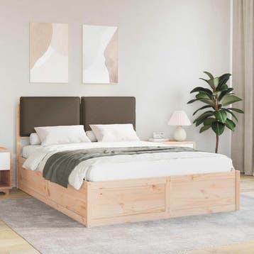 vidaXL Bedframe met Gevoerd Hoofdgedeelte Taupe 135 x 190 cm, Verzenden, Nieuw, Twijfelaar, Hout