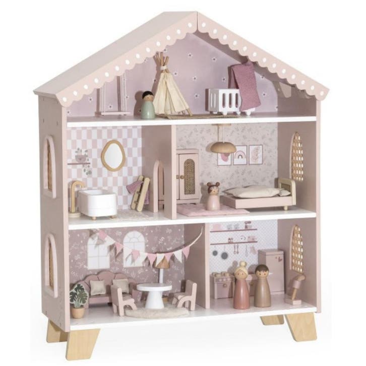 Roze houten poppenhuis met speelse details, Kinderen en Baby's, Speelgoed | Houten speelgoed, Nieuw, Ophalen of Verzenden