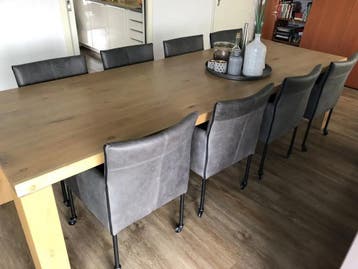 Set van 8 leren kuip eetkamerstoelen - met wieltjes - grijs, Ophalen of Verzenden, Nieuw, Leer
