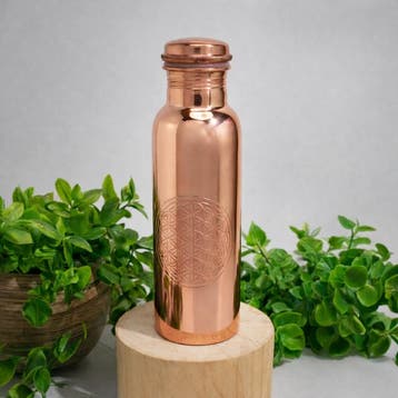 Puur koperen waterfles flower of life glad ± 750 ml/285 g, Ophalen of Verzenden, Nieuw