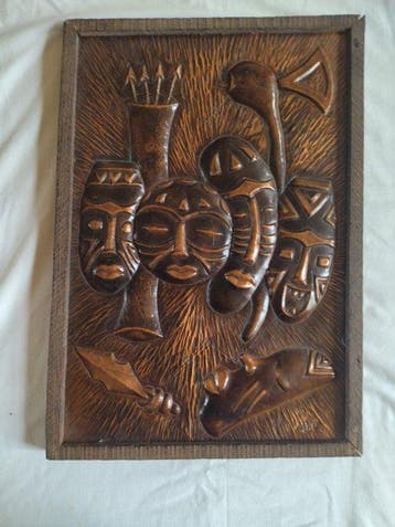 Mbe / Congo Belge - Reliëf, Masques Guerriers - 50 cm -, Antiek en Kunst