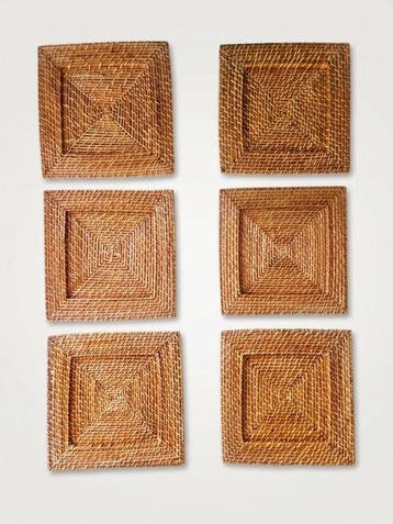 Exklusives 6er-Set quadratische Vintage Rattan-Platzteller –