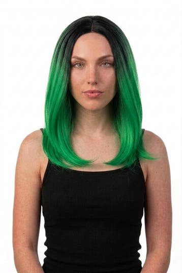 KIMU® Luxe Groen Zwarte Pruik Curtain Bangs Pony Schouderlen, Kleding | Dames, Carnavalskleding en Feestkleding, Ophalen of Verzenden