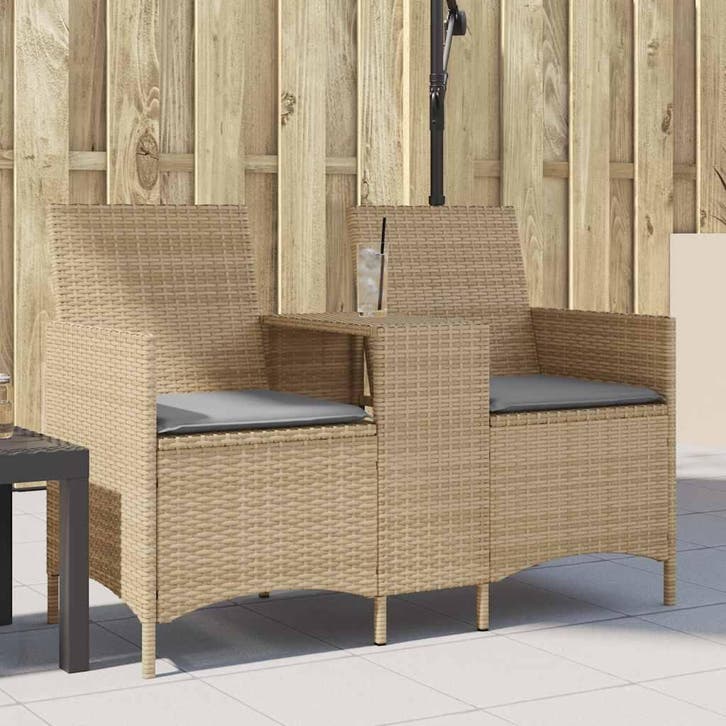 vidaXL Tuinbank 2-zits met tafel en kussens poly rattan, Tuin en Terras, Tuinsets en Loungesets, Nieuw, Verzenden