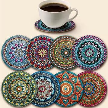 Set van 8 Houten Mandala Onderzetters voor Glazen en Kopjes, Verzenden