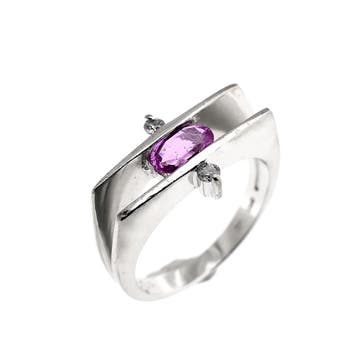 Witgouden ring met roze saffier en diamant; 0,06 ct., Gebruikt, Ophalen of Verzenden, Kleiner dan 17, Roze