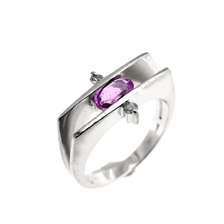 Witgouden ring met roze saffier en diamant; 0,06 ct., Sieraden, Tassen en Uiterlijk, Ringen, Dame, Met edelsteen, Roze, Kleiner dan 17