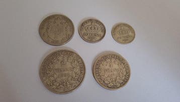 Frankrijk. Lot de 5 monnaies en argent, 1864/1887 (Zonder