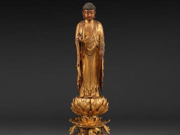Beeld van Amida Nyorai  - Hout, Verguld, Glas, Lak -