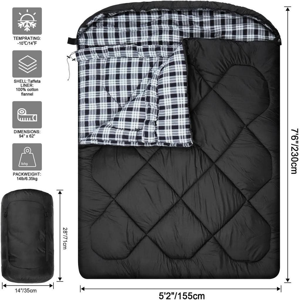 FORINBUY Winter katoenen flanellen dubbele slaapzak voor volwassenen - 0 graden queensize slaapzak voor 2 personen, waterdicht en warm voor koud weer, ideaal voor koppels, familie kamperen en