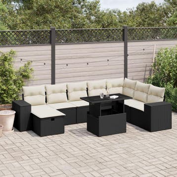 vidaXL 9-delige Loungeset met kussens poly rattan zwart, Verzenden, Nieuw, Loungeset