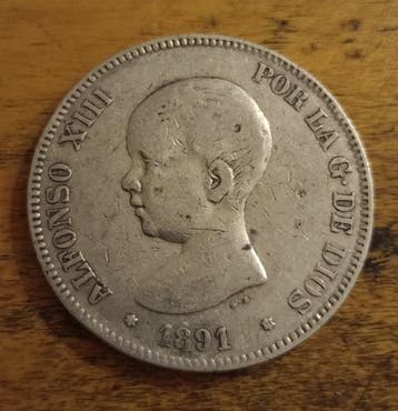 Spanje. Alfonso XIII. 5 Pesetas 1891*91 PGM (Zonder