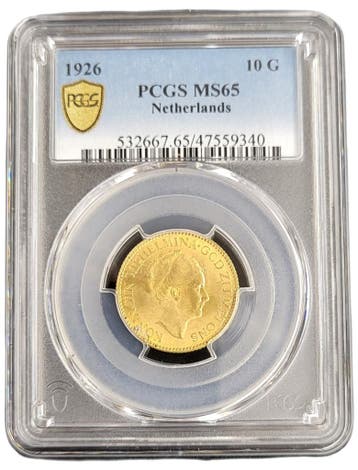 Gouden Wilhelmina 10 gulden 1926 MS65 PCGS gecertificeerd, Postzegels en Munten, Munten | Nederland, Verzenden, Goud, Koningin Wilhelmina