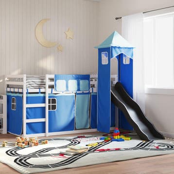 vidaXL Stapelbed met glijbaan en gordijnen blauw 90x200 cm, 90 cm, Eenpersoons, Nieuw, 200 cm