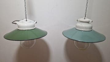 Plafondlamp (2) - Emaille, Staal, Glas - Geëmailleerde