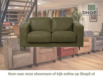 Leren bank Clear - 2 zits - Kenia Olive (olijf) - Poten, Bohemian, Eigentijds, Modern, Retro, Vintage, 150 tot 200 cm, Nieuw, Ophalen of Verzenden