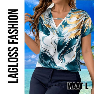 Dames Zomerse Marmerprint Blouse Top met V-hals – Maat L, LaGloss, Verzenden, Nieuw, Blauw