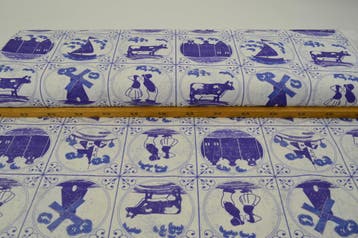 Katoen Canvas Stof Digitaal Delfts Blauwe Tegels, Nieuw
