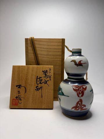 Japanse Kutani-aardewerk Tokkuri – Veelkleurig vogel- en