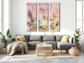 Abstract schilderij in roze, beige, geel en paars – modern k, Huis en Inrichting, Woonaccessoires | Wanddecoraties, Verzenden