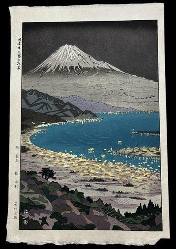 Woodblock Print Night View of Mt Fuji from Nihondaira