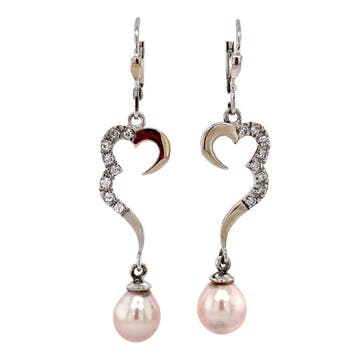 Witgouden oorhangers met parel en zirkonia 14 krt, Sieraden, Tassen en Uiterlijk, Oorbellen, Verzenden, Zo goed als nieuw, Goud