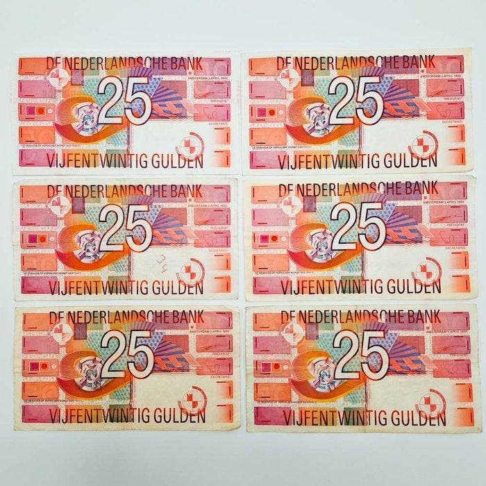 Nederland. - 6 x 25 Gulden - 1989 - PL71 (Zonder, Postzegels en Munten, Bankbiljetten | Europa | Niet-Eurobiljetten