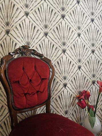 Art Deco stof met geometrisch waaierpatroon met vierkanten -