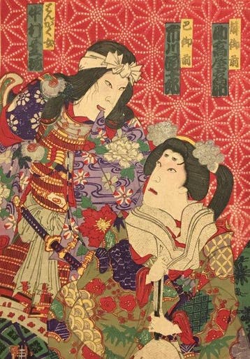 Antieke Japanse houtblok prent van twee kabuki acteurs -, Antiek en Kunst
