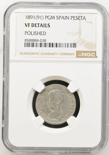 Spanje. Alfonso XIII. 1 Peseta 1891*91 VF Details Polished
