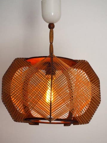 Lamp - multiplex - Franse hanglamp van hout, jaren zestig