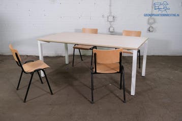 Tweedehands Kantinetafel – Eiken Blad & Wit Frame, 180x90 cm, Verzenden, Gebruikt