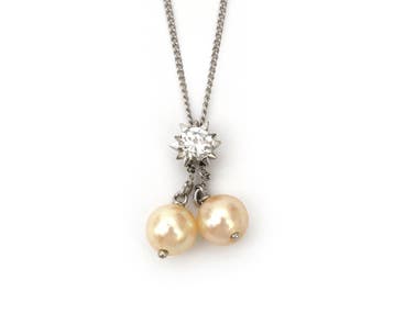 14 krt. witgouden collier met hanger met diamant en parel, Gebruikt