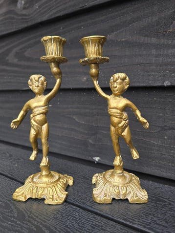 Kandelaar (2) - Vernikkeld messing - figuurkandelaars, Antiek en Kunst