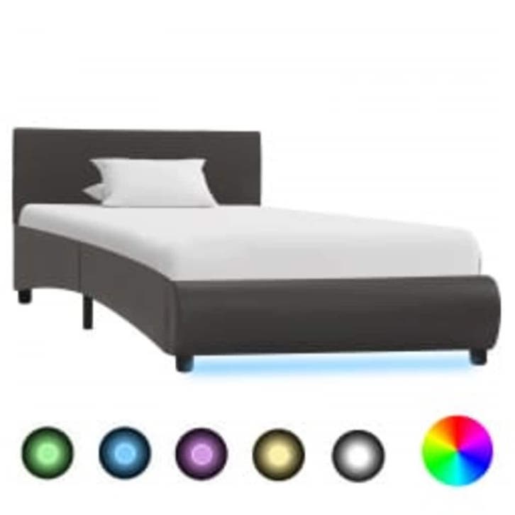 vidaXL Bedframe met LED kunstleer grijs 90x200 cm, Huis en Inrichting, Slaapkamer | Bedden, 90 cm, 200 cm, Grijs, Eenpersoons