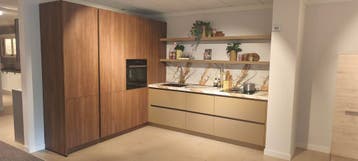 Moderne hoekkeuken zandkleur marmerlook - 0014 - 0030, Ophalen, Hoekkeuken, Nieuw, Crème